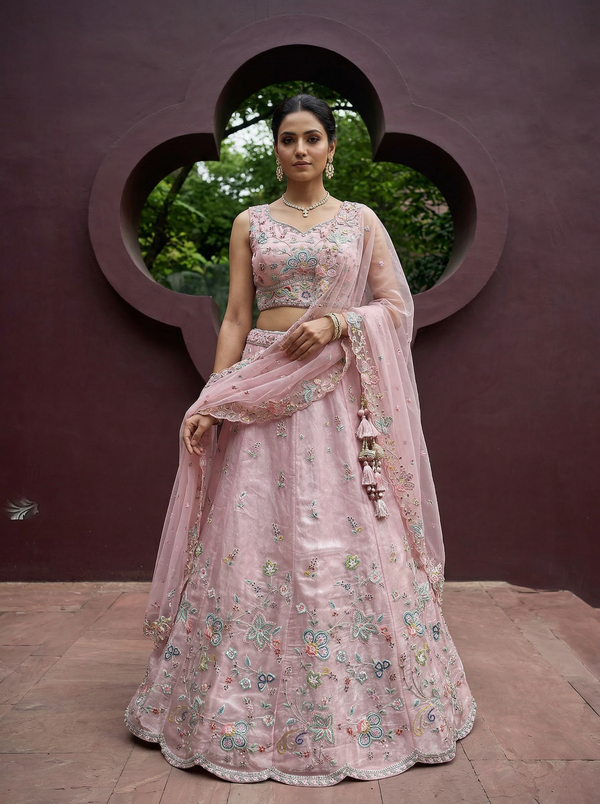 Pink Color Satin Silk Fabric Sequinned Embroidered Ready to Wear Lehenga Choli & Dupatta House of Panchhi