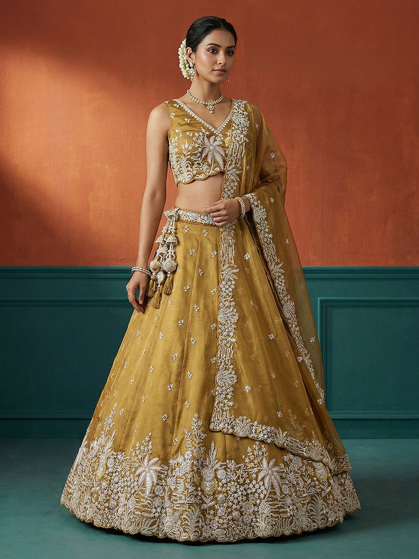 Mustard Tissue Moti with Embroidered Lehenga Set House of Panchhi
