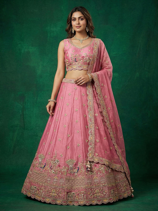 Pink Tissue Zarkan Embroidered Lehenga Set House of Panchhi