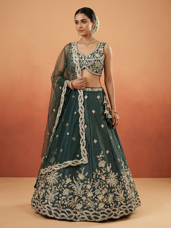 Dark Green Tissue Beads with Embroidered Lehenga Set House of Panchhi