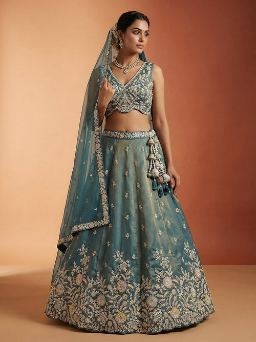 Shade of Teal Tissue Moti with Embroidered Lehenga Set