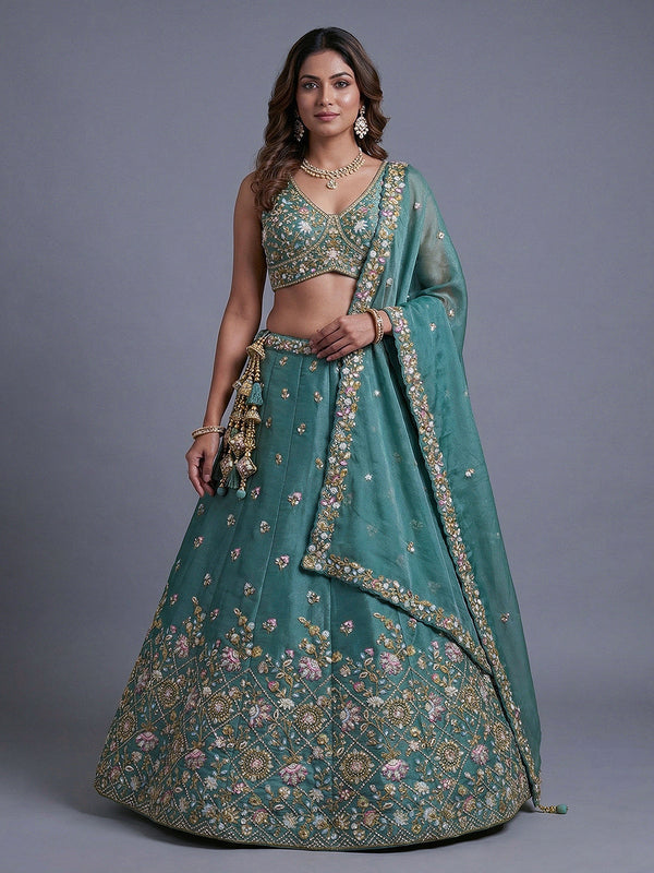 Sea green Tissue Sequince with Embroidered Lehenga House of Panchhi