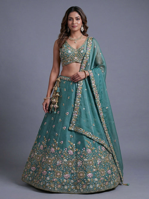 Sea green Tissue Sequince with Embroidered Lehenga