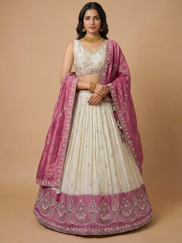 Cream & Pink Color Jacquard Tissue Sequined Embroidered Semi-Stitched Lehenga set House of Panchhi