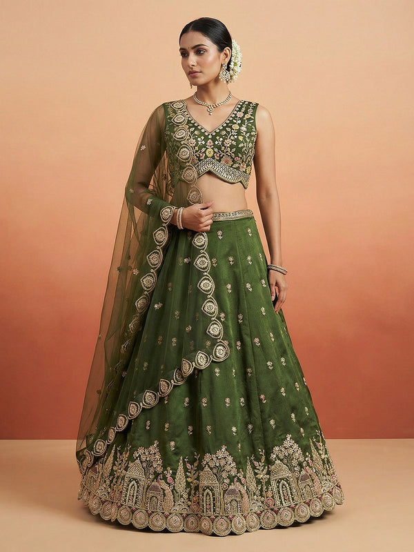 Olive Chinnon Moti with Sequince Embroidered Lehenga Set House of Panchhi