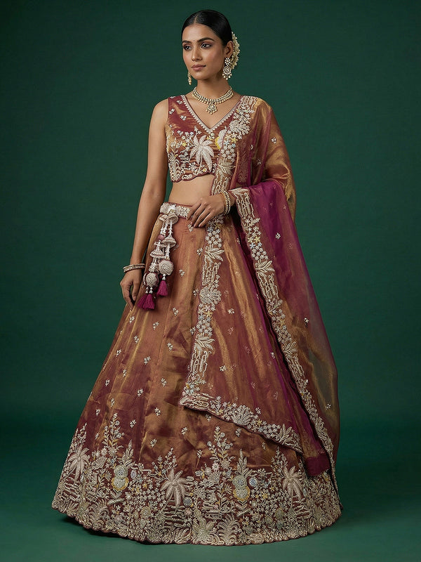 Copper Brown Tissue Moti with Embroidered Lehenga Set House of Panchhi