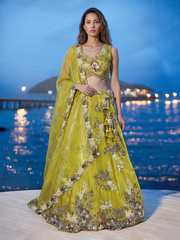 Yellow Tissue Woolen Embroidered Lehenga Set House of Panchhi