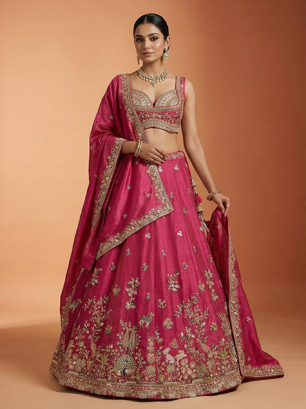 Pink Tissue Sequience Thread Embroidered Semi-Stitched Lehenga House of Panchhi