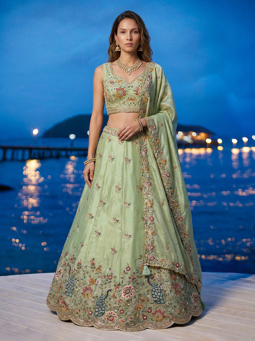 Limegreen Organza Zarkan, Multi-Color Thread, Golden Sequin Embroidered Lehenga Set