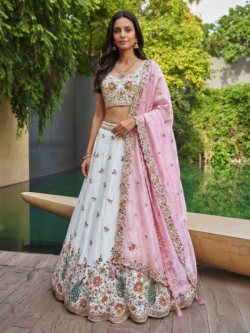 Cream-Pink Organza Zarkan, Multi-Color Thread, Golden Sequin Embroidered Lehenga Set