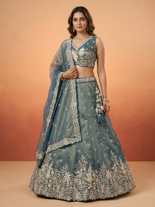 Peacock Blue Tissue Moti with Embroidered Lehenga Set