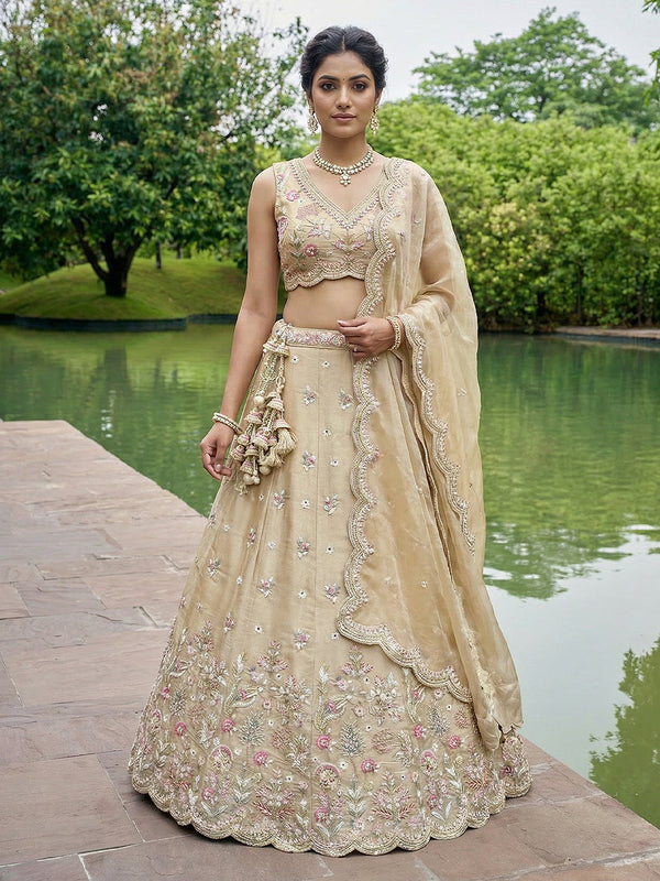 Beige Tissue Mirror sequince Embroidered Lehenga Choli with Dupatta House of Panchhi