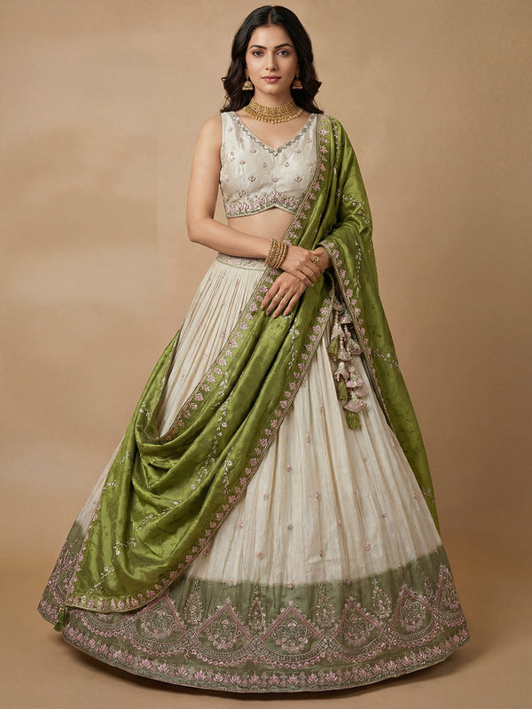 Cream & Olive Color Jacquard Tissue Sequined Embroidered Semi-Stitched Lehenga set House of Panchhi