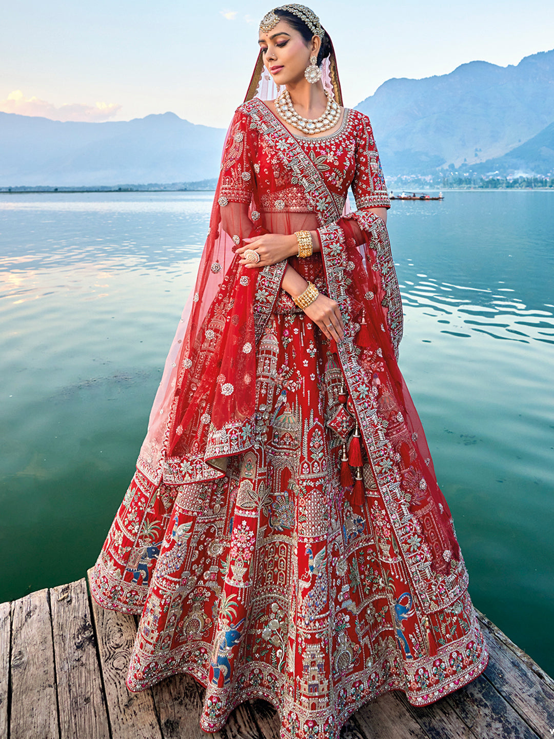 Red Silk Hand Work Embroidered Bridal Semi Stitched Lehenga with