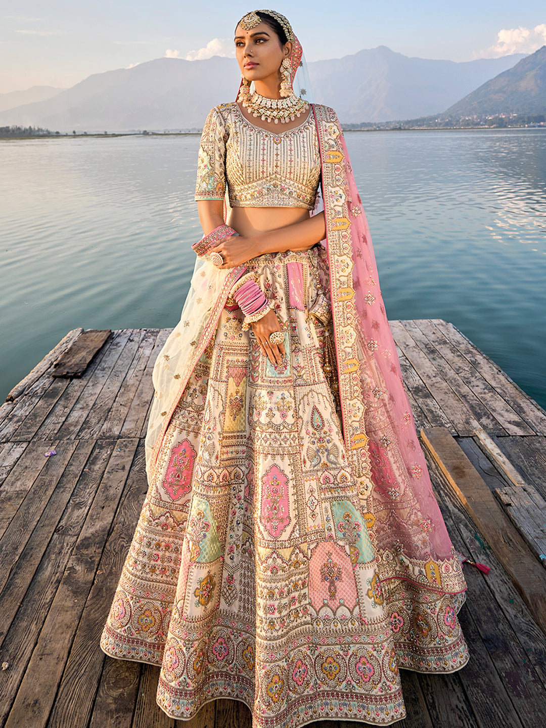 Off-White Banarasi Silk Hand Work Embroidered Bridal Semi Stitched Lehenga with Single Peach Color Dupatta