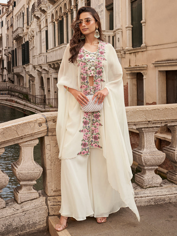 Cream color Designer Indo Western Party Wear Palazzo Top with Shrug House of Panchhi