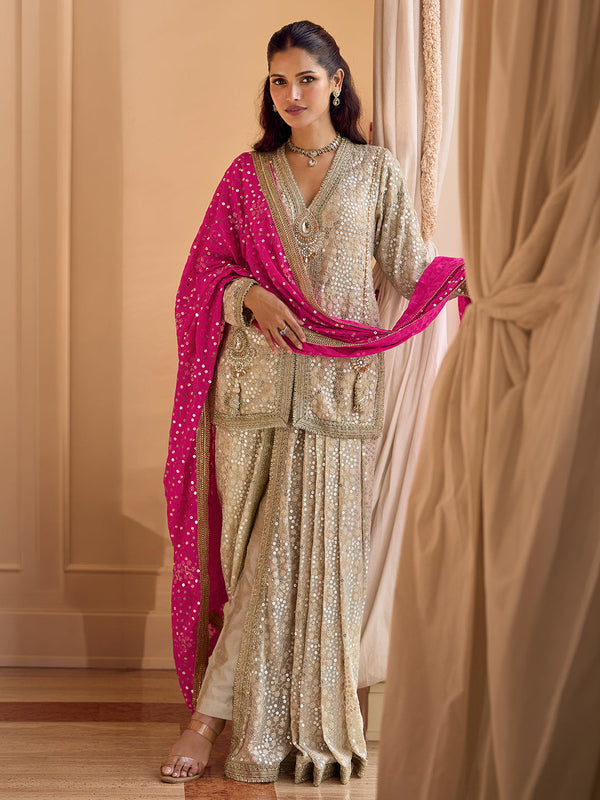Pre-Draped Cowl Pant Set with Jewel Work & Contrast Dupatta House of Panchhi
