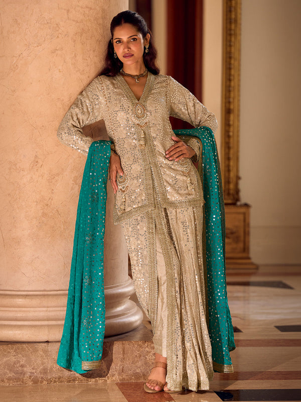 Beige and Sky Pre-Draped Cowl Pant Set with Jewel Work & Contrast Dupatta House of Panchhi