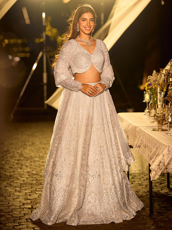 Cream Net Embroidered with Swarovski Diamond work Semi-Stitched Lehenga Set House of Panchhi