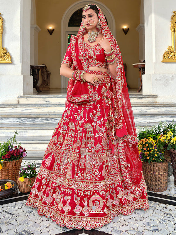 Red Silk Bridal Handwork with Baarat Style Motif Semi-Stitched Lehenga Choli with Double Dupatta House of Panchhi