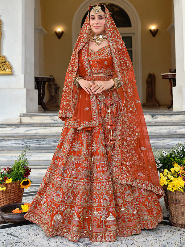 Rust Silk Bridal Handwork with Baarat Style Motif Semi-Stitched Lehenga Choli with Double Dupatta House of Panchhi