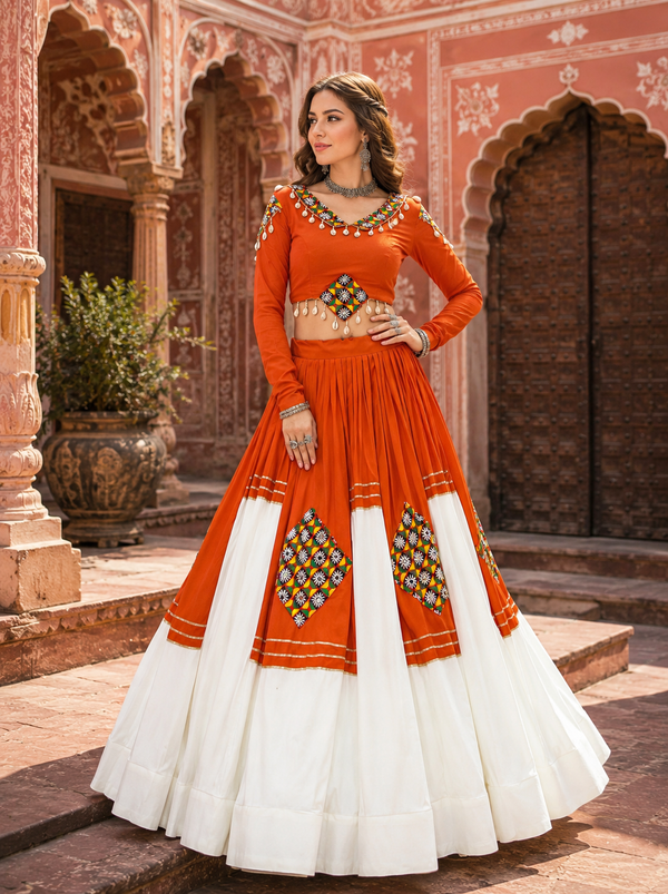 Orange & White Navratri Designer Ready To Wear Lehenga choli houseofpanchhi