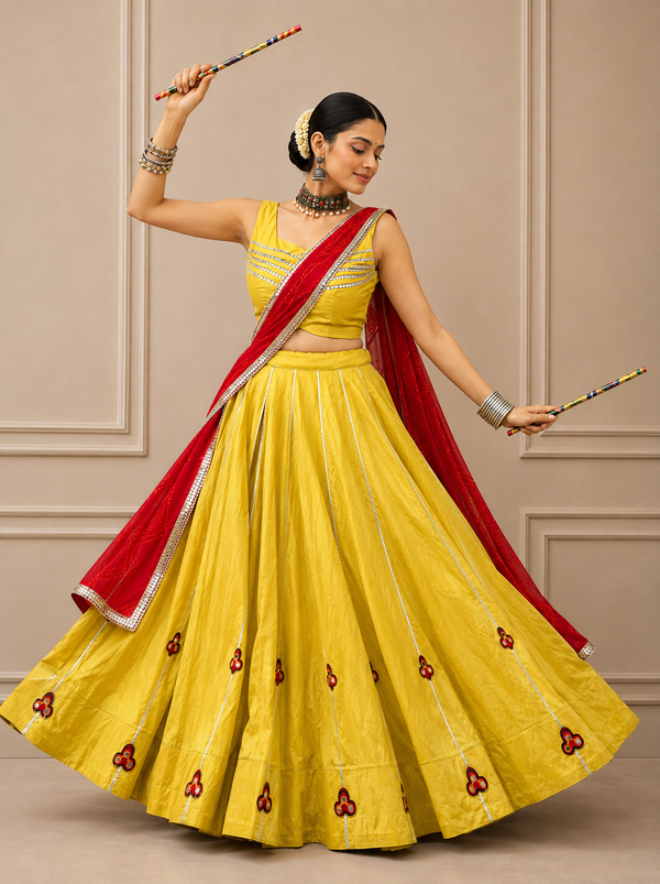 Yellow color Khadi Cotton Navratri Designer Ready To Wear Lehenga Set houseofpanchhi