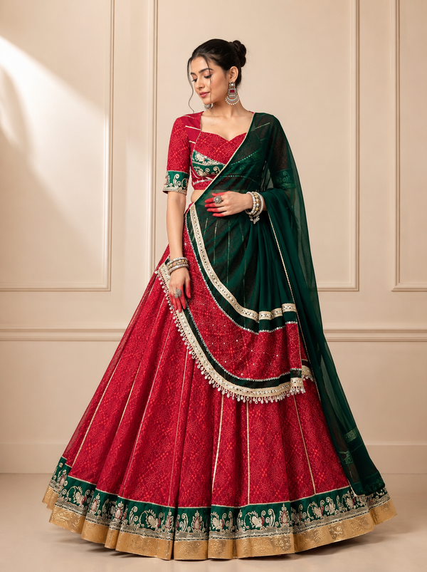 Red & Green color Navratri Designer Ready To Wear Lehenga Set houseofpanchhi