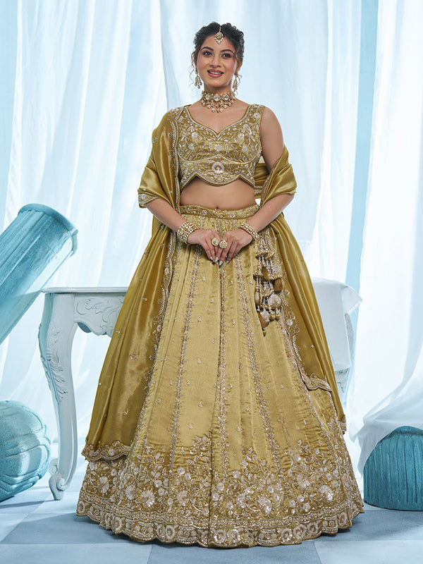 Mustard Tissue Floral White Beads Embroidered Semi-Stitched Lehenga Set House of Panchhi