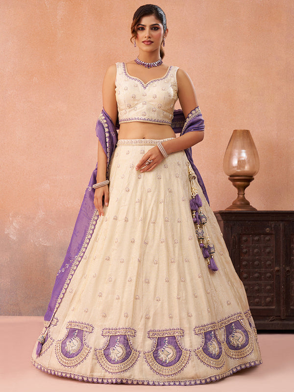 Cream Jacquard Heavy Beads with Sequins Embroidered Semi-Stitched Lehenga Set House of Panchhi