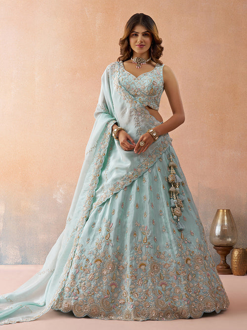 Sky Tissue Beads & Sequins Embroidered Semi-Stitched Lehenga set