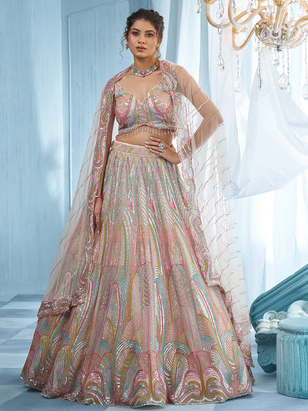Cream Net Multi Beads Embroidered Ready To Wear Lehenga Set houseofpanchhi