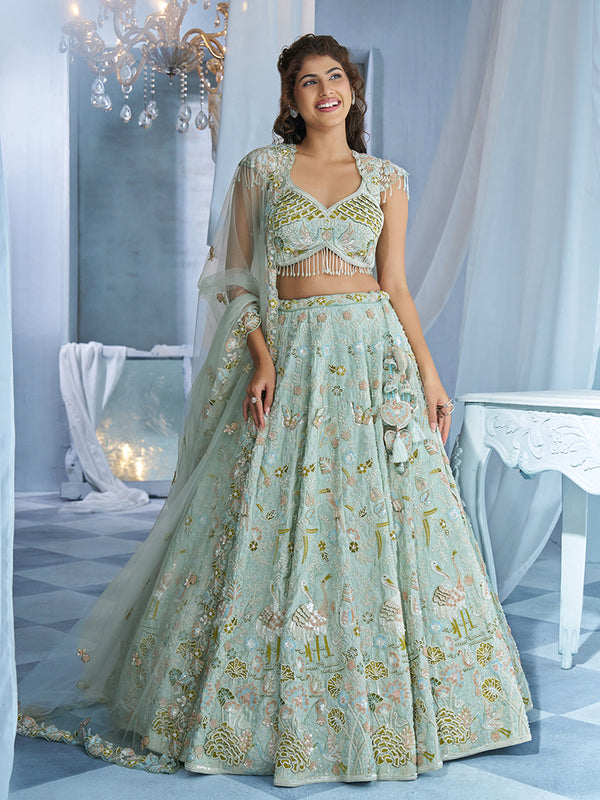 Pista Green Tissue Pearl-Embellished Ready To Wear Lehenga Set houseofpanchhi