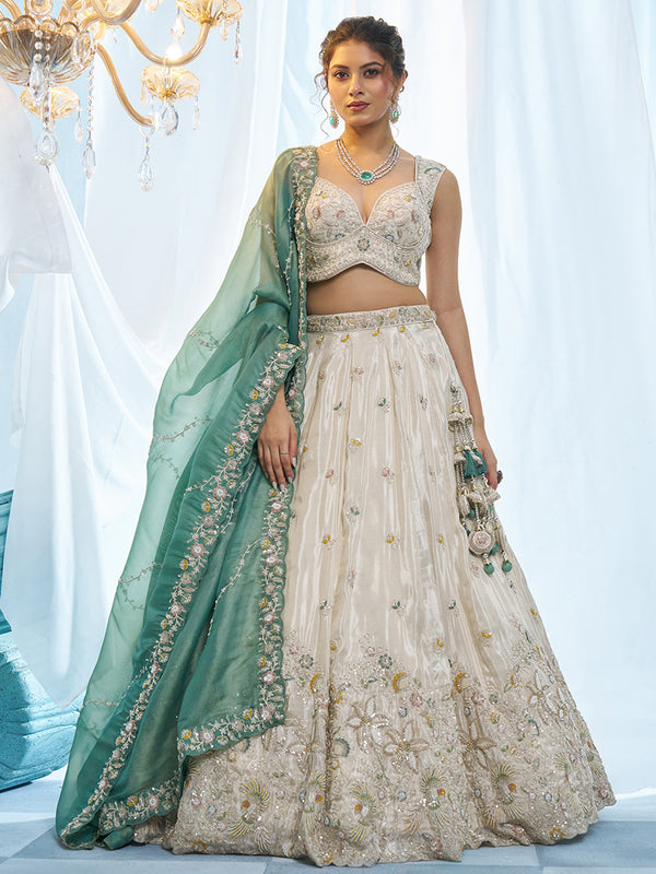 Cream & Teal Tissue Floral Bird Motif Embroidery Semi-Stitched Lehenga Set House of Panchhi