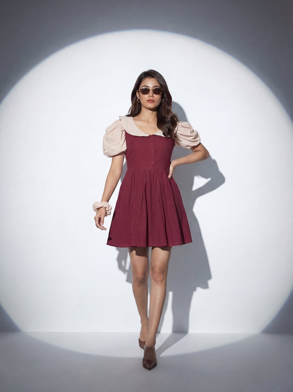Maroon Cotton Solid Fit and Flared Dress House of Panchhi