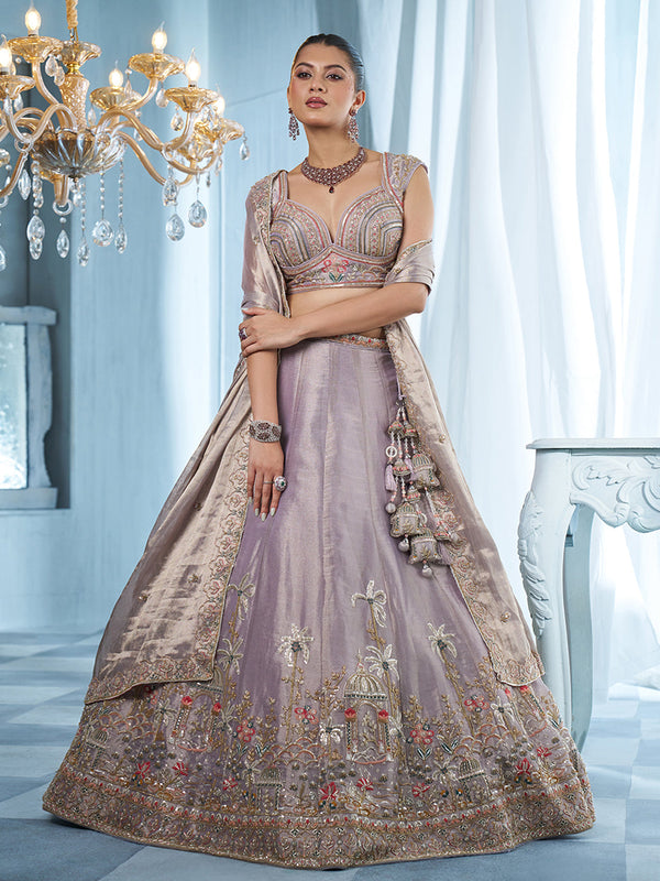 Lavender Tissue Rose Gold Bead work, Floral Motifs Semi-Stitched Lehenga Set House of Panchhi