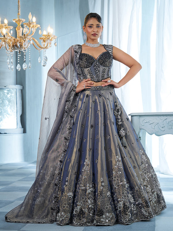 Metallic Blue & Grey Tissue Black Beadwork, Floral Motifs Semi-Stitched Lehenga Set House of Panchhi