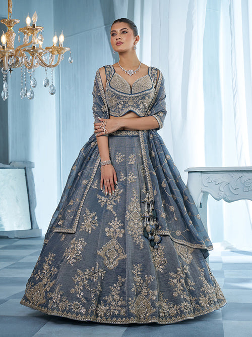 Blue Tissue Floral Beads & Embroidered Semi-Stitched Lehenga Set