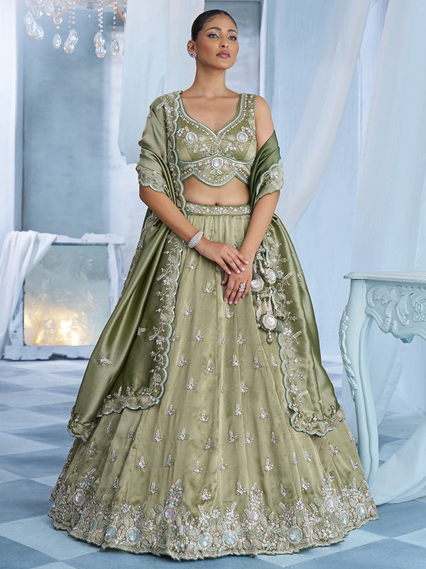 Pista Green Tissue Floral Beads Embroidered Semi-Stitched Lehenga Set House of Panchhi