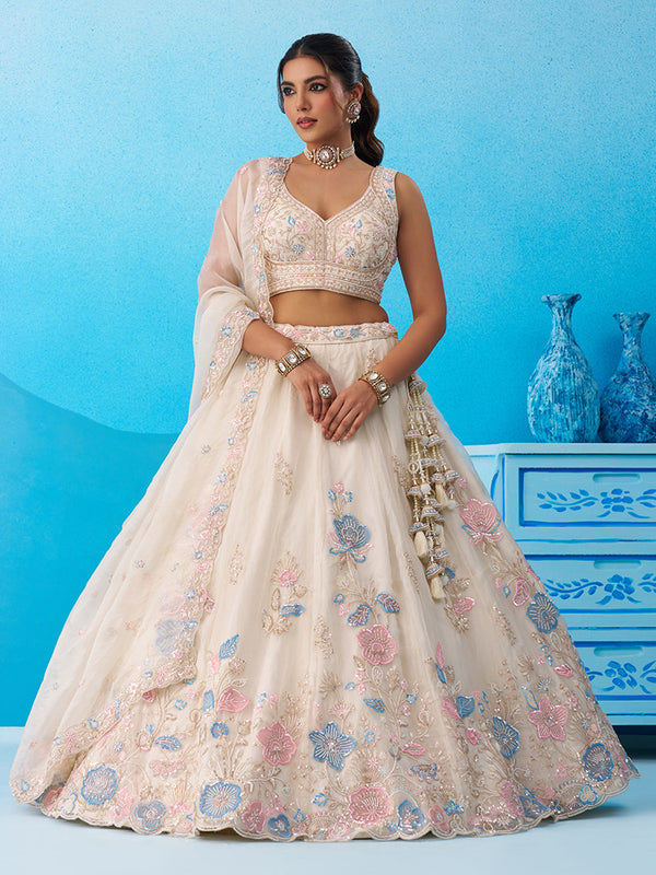 Cream Tissue Beads & Sequinned Floral Embroidered Semi-Stitched Lehenga Set House of Panchhi