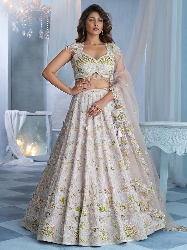 Light Pink Tissue Pearl-Embellished Ready To Wear Lehenga Set houseofpanchhi