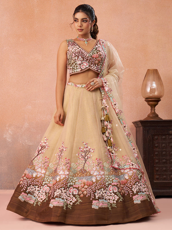 Net Sequins Embroidered Omber Brown Semi-Stitched Lehenga Set House of Panchhi