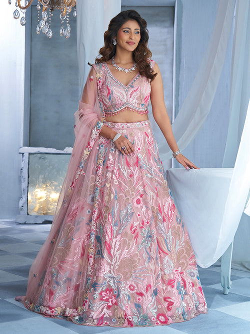 Pink Net Multi Beads Embroidered Ready To Wear Lehenga Set