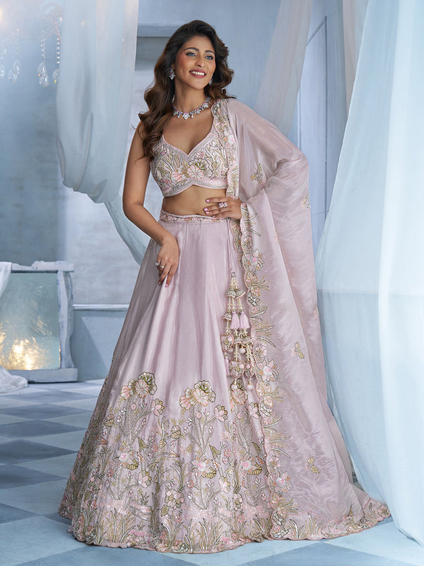 Pastel Pink Tissue Rose Gold Bead work, Floral Motifs Semi-Stitched Lehenga Set House of Panchhi