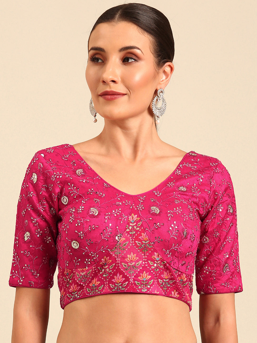 Pink-Toned Pure Silk Embroidery Work Readymade Blouse