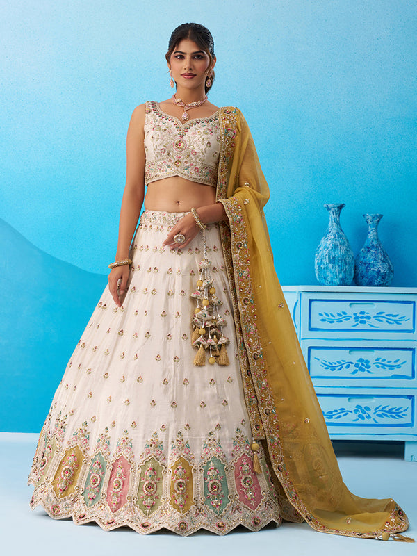 Cream & Mustard Tissue Sequined & Zari Embroidered Semi-Stitched Lehenga set House of Panchhi