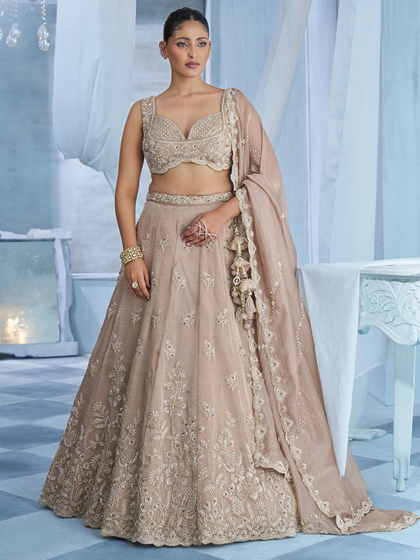 Peach Tissue Floral Beads Embroidered Semi-Stitched Lehenga Set House of Panchhi