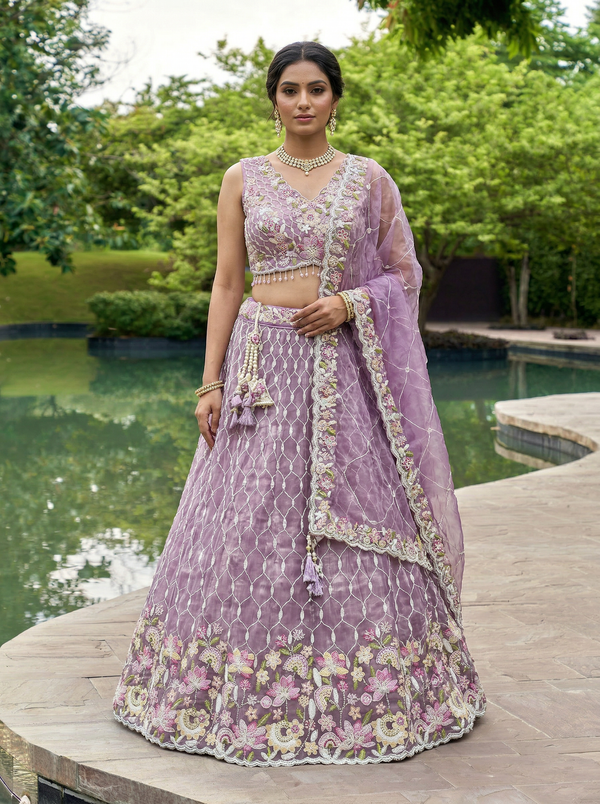 Lavender Color Satin Silk Fabric Sequinned Embroidered Ready to Wear Lehenga Choli & Dupatta houseofpanchhi