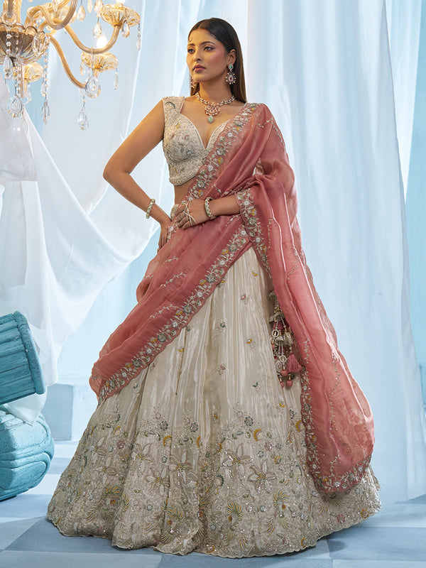 Cream & Coral Tissue Floral Bird Motif Embroidery Semi-Stitched Lehenga Set House of Panchhi