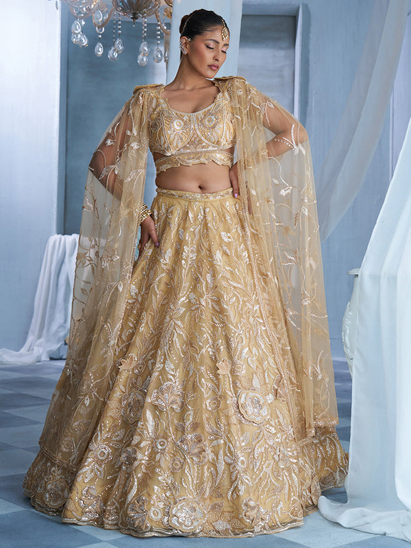 Exquisite Ivory Champagne Embroidered Bridal Lehenga Set houseofpanchhi